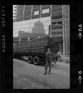 Architect I.M. Pei seen in front of the John Hancock Tower while still under construction