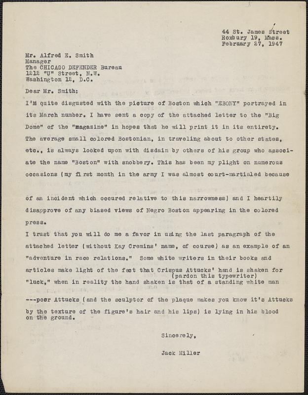 Letter from Jack Miller, Roxbury, to Alfred E. Smith, Washington, D.C., 1947 February 27