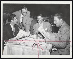 The Naughty Nats of Washington, being naughty so far as the Red Sox are concerned, taking on victuals at the Kenmore before today's game with the Rex Sox was postponed are (left to right) Mickey Vernon, Irv Noren, Sam Dente and Mickey Harris. Dente and Harris are ex-Sox.