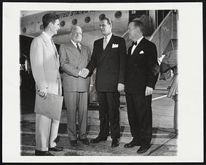 Tobin in Geneva for Conference. Maurice J. Tobin (third from left), U.S. Secretary of Labor, is greeted on his arrival by plane in Geneva, Switzerland, recently, to address a world labor conference by Augustine B. Kelly (D-Pa.) (Second from left). At left is Philip Kaiser, Chief U.S. Delegate to the International Labor Organization’s Annual Conference. Senator Herbert O’Conor (D-Md.) is at right.