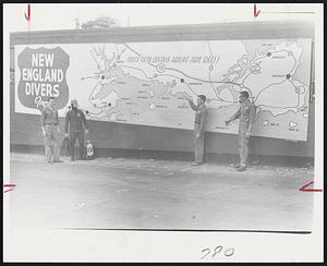 Bob Lefavaur Jim Cahill Robert Guerette Jim Gastonguay Shown studing best skin Diving areas on New England Divers hugh Chart painted on the side of one of their buildings. The best diving areas are in Red
