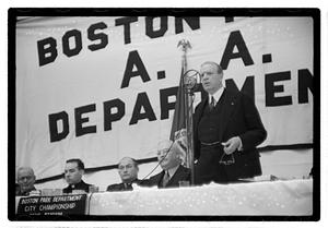 Boston Park Department function, Boston Parks Commissioner William Long seated in center