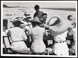 Siasconset clam bake Mr + Mrs B Long (man in beret + woman on his right