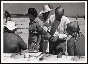 Siasconset clam bake Mrs. Hughston (white hat, back to camera), Mrs. H. McCoy Jones, Robert Boda + Mrs. R. Boda