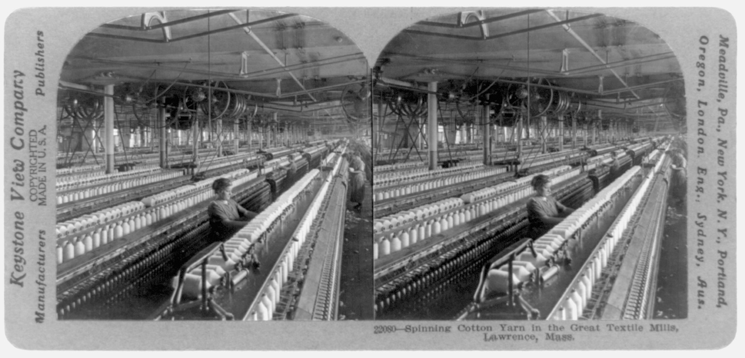 Spinning cotton yarn in the great textile mills, Lawrence, Mass.