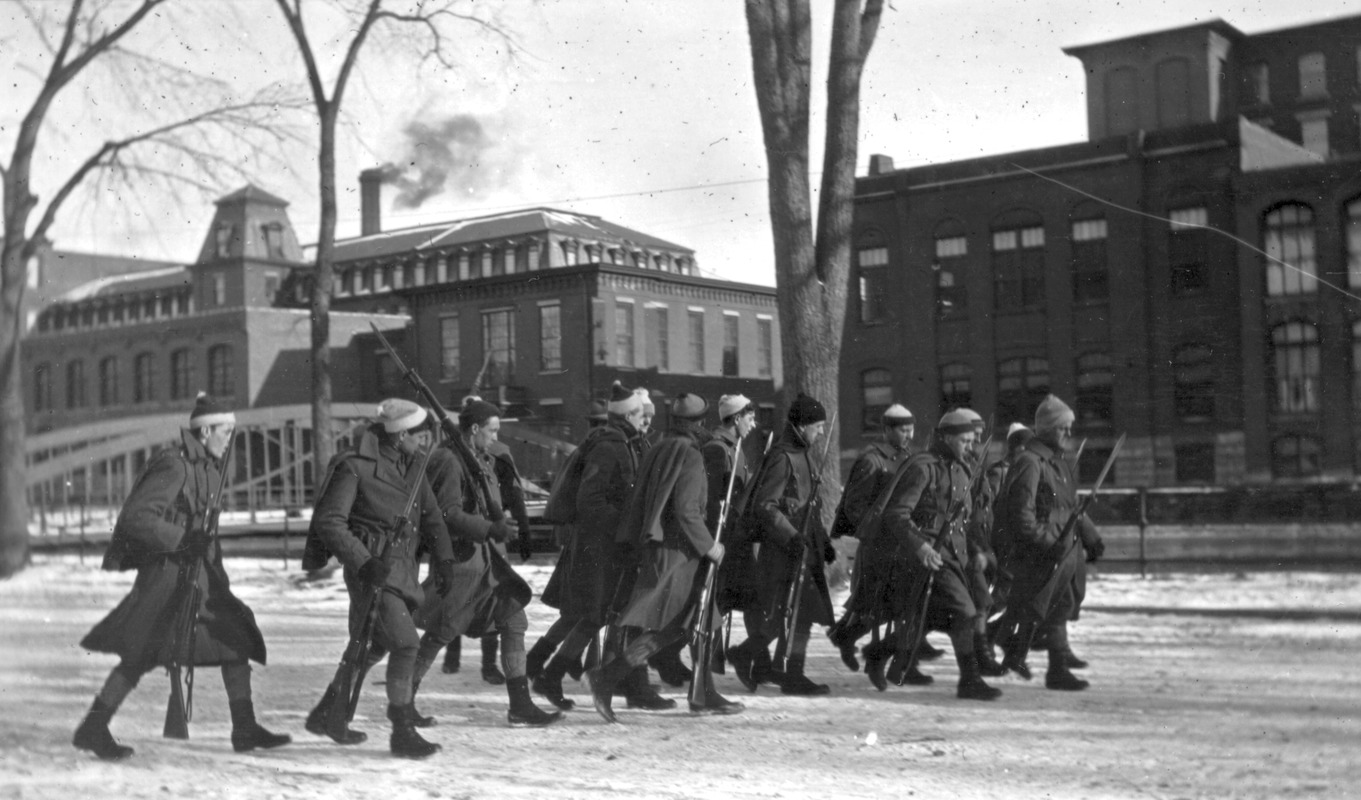 Young men patrol the mill district, Lawrence, Mass. 1912