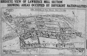 Birdseye view of Lawrence mill section showing areas occupied by different nationalities