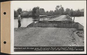 Washed out bridge over Brigham Pond on Depot Road, Hubbardston, Mass., Oct. 13, 1938