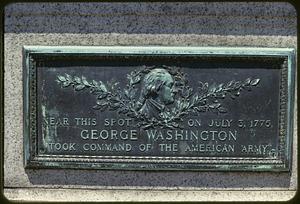 Plaque commemorating George Washington taking command of the American army