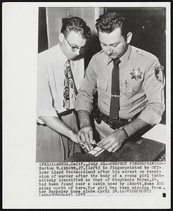 Suspect Fingerprinted -- Burton W. Abbott, 27, (left) is fingerprinted by officer Lloyd Westmoreland after his arrest on suspicion of murder after the body of a young girl tentatively identified as that of Stephanie Bryan, 14, had been found near a cabin used Abbott, some 200 miles north of here. The girl has been missing from her Berkeley home since April 28.