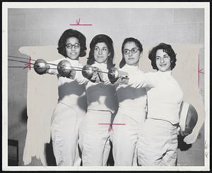 On Guard - Brandeis University’s women fencers have been unbeaten in dual competition for three years and lost the New England championship by a single point Sunday. Left to right are Capt. Celeste Andrade, Providence; Sue Sherkow, Milwaukee; Luane Sherkow, Lyme, N.H., and Esther Seidman, Newton.