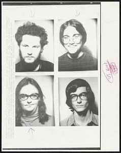 During an attempt effort to destroy draft records in the Camden, N.J. Selective Service office early, 8/22 twenty persons were arrested by the FBI. The following arrests were made outside the building.; (top L-R) Barry Musi, Sara Tosi, (bottom L-R) Margaret Innes and Keith Forsyth. No address or ages were available on the photos.