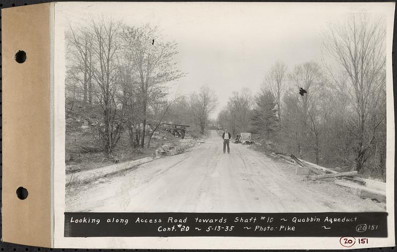 Contract No. 20, Coldbrook-Swift Tunnel, Barre, Hardwick, Greenwich, looking along Access Road towards Shaft 10, Quabbin Aqueduct, Hardwick, Mass., May 13, 1935