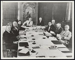 Will Shift Theatre Squabble in Session Here Members of the Executive Council of the American Federation of Labor, who will sit here tomorrow to hear the two sides of the stagehands vs actors battle, are shown during a session today. Members of the Council, are pictured from left to right as they sat around the counsil table today. They are: Harry C. Bates, C.M. Bugniazet, Edward J. Gainor, George Browne, Frank Morrison, William Green, president of the A.F. of L., Frank Duffy, T.A. Rickert, Matthew Woll, John Coefield, and David J. Tobin.