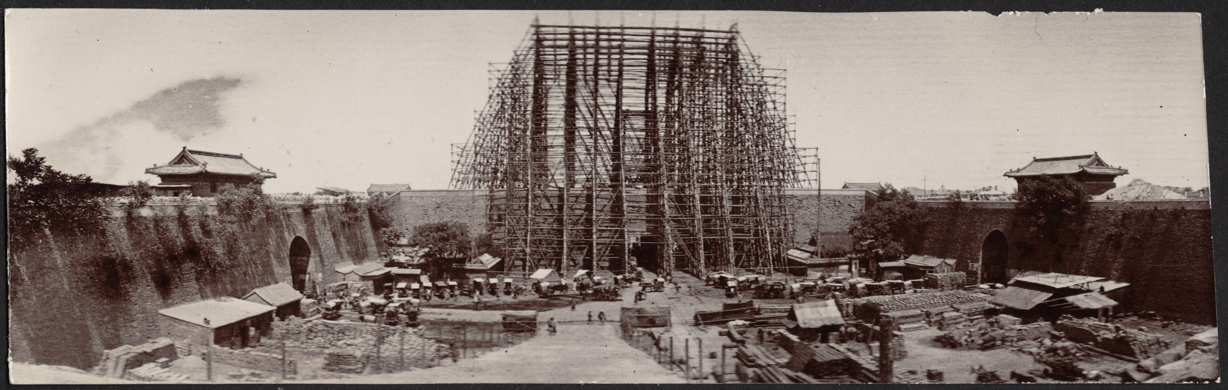 Construction of Foreign Legation quarter; scaffolding at main gate