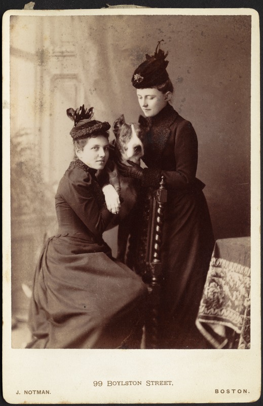 Studio portrait of Gertrude Stevens and unidentified woman holding dog