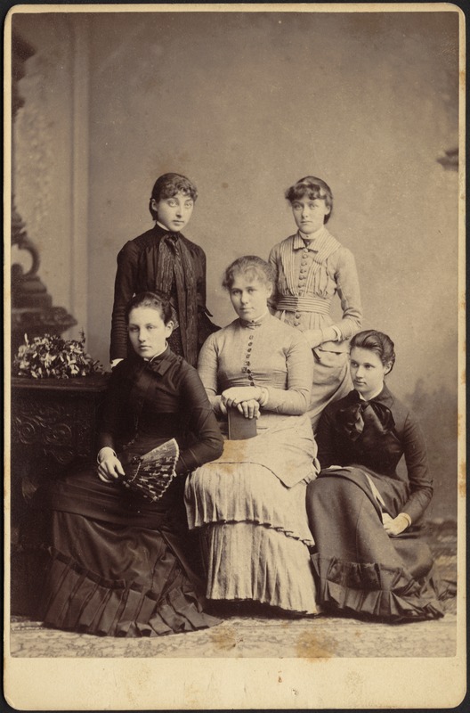 Group photo of five young women, Gertrude Stevens in front row, far left