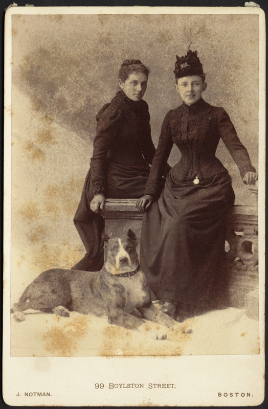 Studio portrait of Gertrude Stevens and unidentified woman with dog