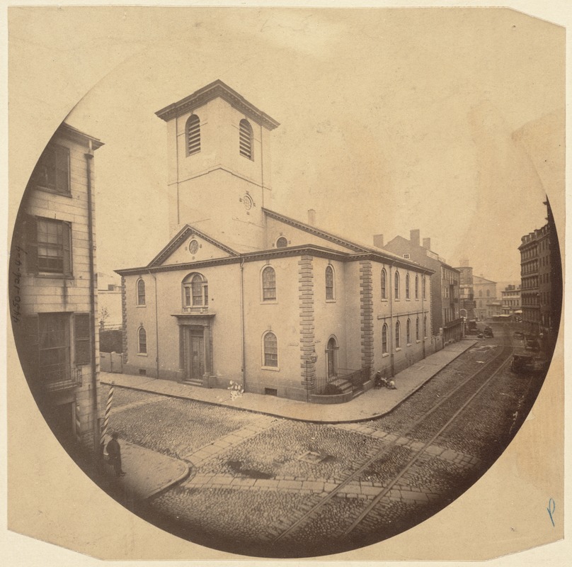 Brattle St. Church. Erected 1772. Razed 1872. A British cannonball in wall near door
