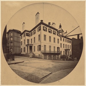 Old Somerset Club house, corner Somerset and Beacon Sts., 1860. Residence at right on Beacon St. of John Lowell Gardner