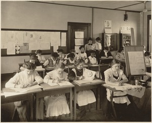 Boston Trade School for Girls - young girls drawing (sale of Christmas gifts)