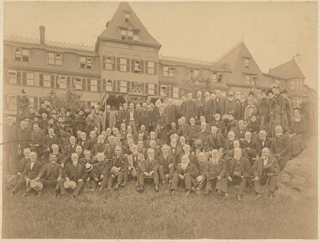 Old Boston schoolboys - a group of them on the lawn of a hotel (?). Edwin Josiah Fairbanks among them