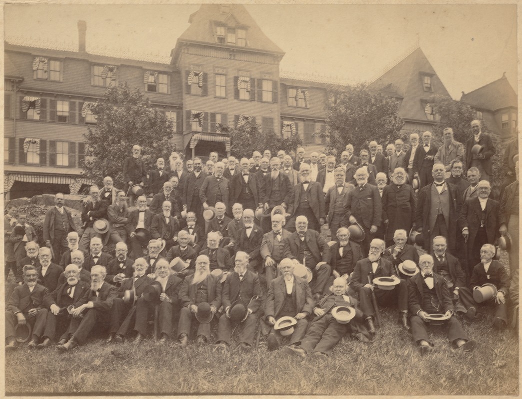 Old Boston schoolboys - a group of them on the lawn of a hotel (?). Edwin Josiah Fairbanks among them