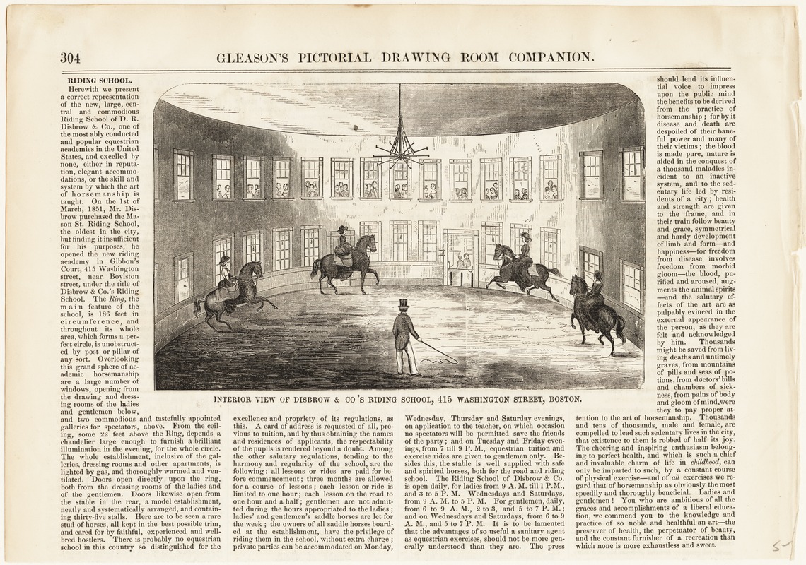 Interior view of Disbrow & Co's Riding School, 415 Washington Street, Boston