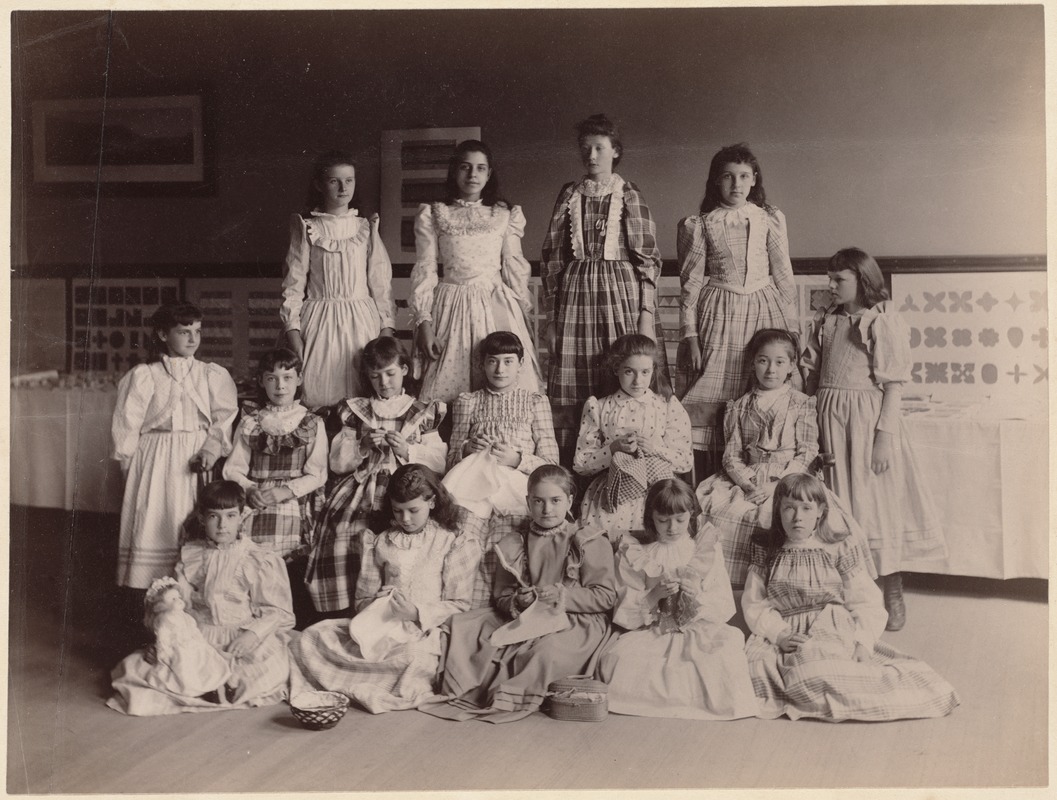 Group of girls wearing dresses made in school by the wearers. Dillaway School, June 1892. Serving teacher, Mrs. Waterhouse