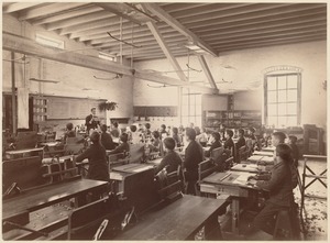 North Bennett [sic] Street School - interior, shop class (teacher in front of classroom)