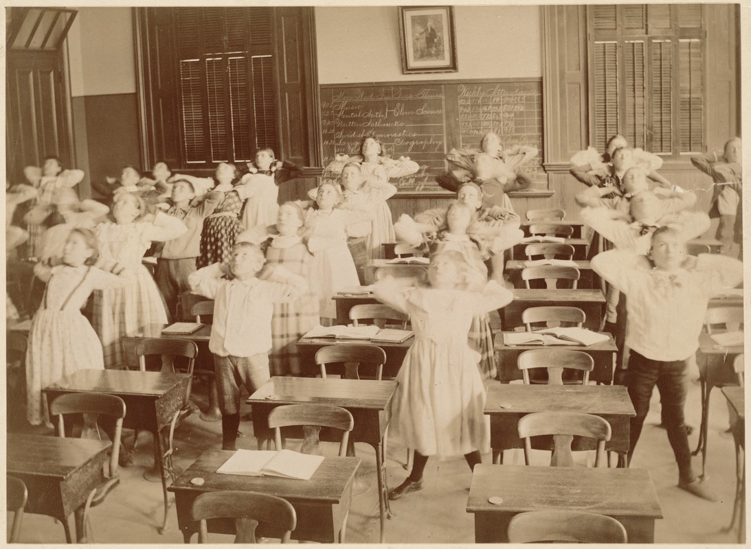 Untitled - interior - boys & girls exercising in classroom