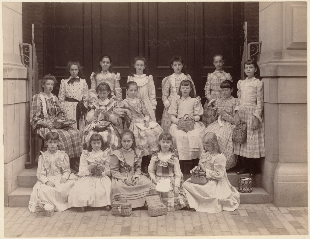 Group from Dillaway School wearing dresses made by themselves in school. Serving teacher Mrs. Waterhouse June 1892