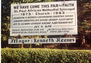 Photo of St. Paul African Methodist Episcopal's sign with Kenneth Reeves listed as mayor, 1993