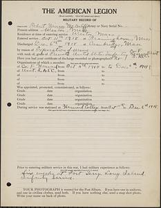 American Legion military record of Robert Winsor McAuliffe