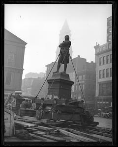 Boston Samuel Adams Statue, Adams Square, moved to Dock Square in 20's, Faneuil Hall in background