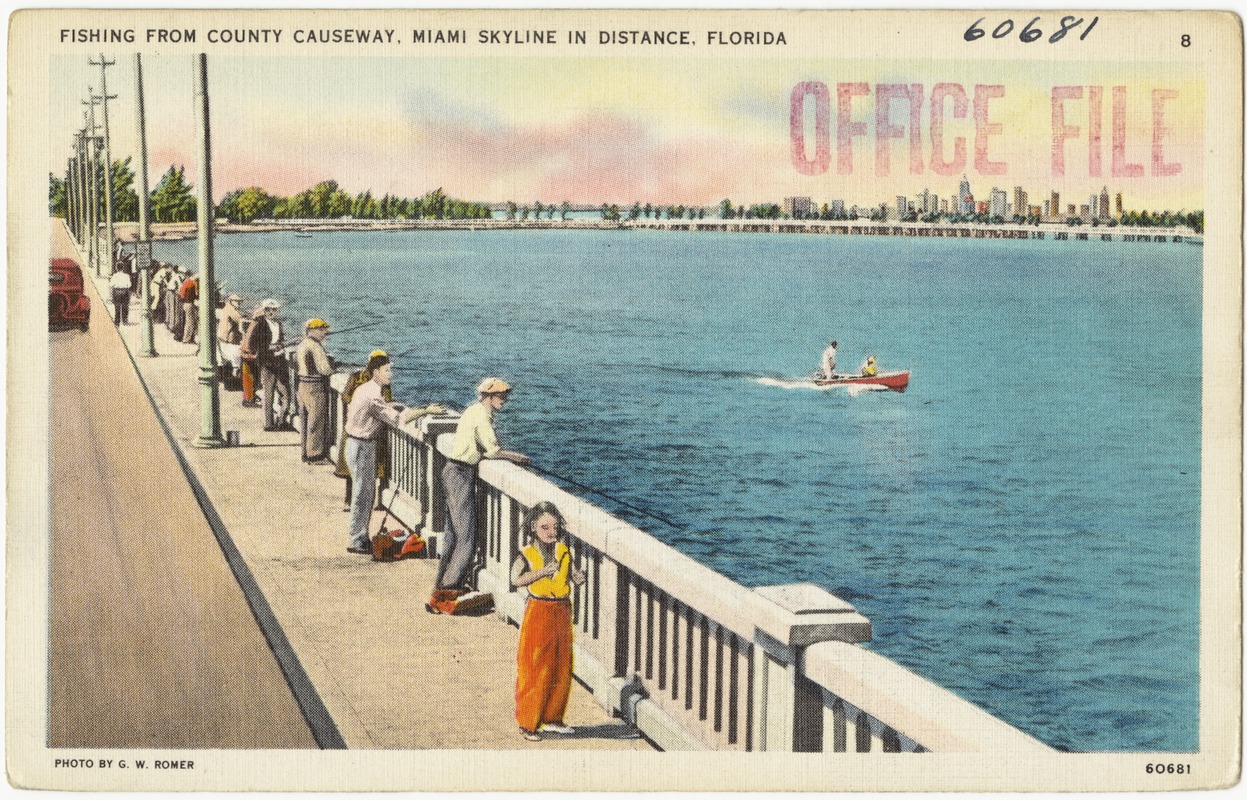Fishing from county causeway, Miami skyline in distance, Florida