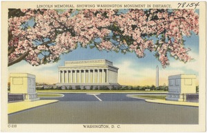 Lincoln Memorial, showing Washington Monument in distance, Washington, D. C.