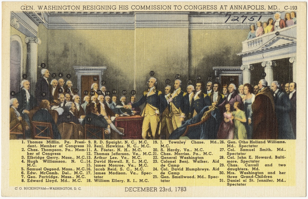 Gen. Washington resigning his commission to congress at Annapolis, M. D., December 23rd, 1783