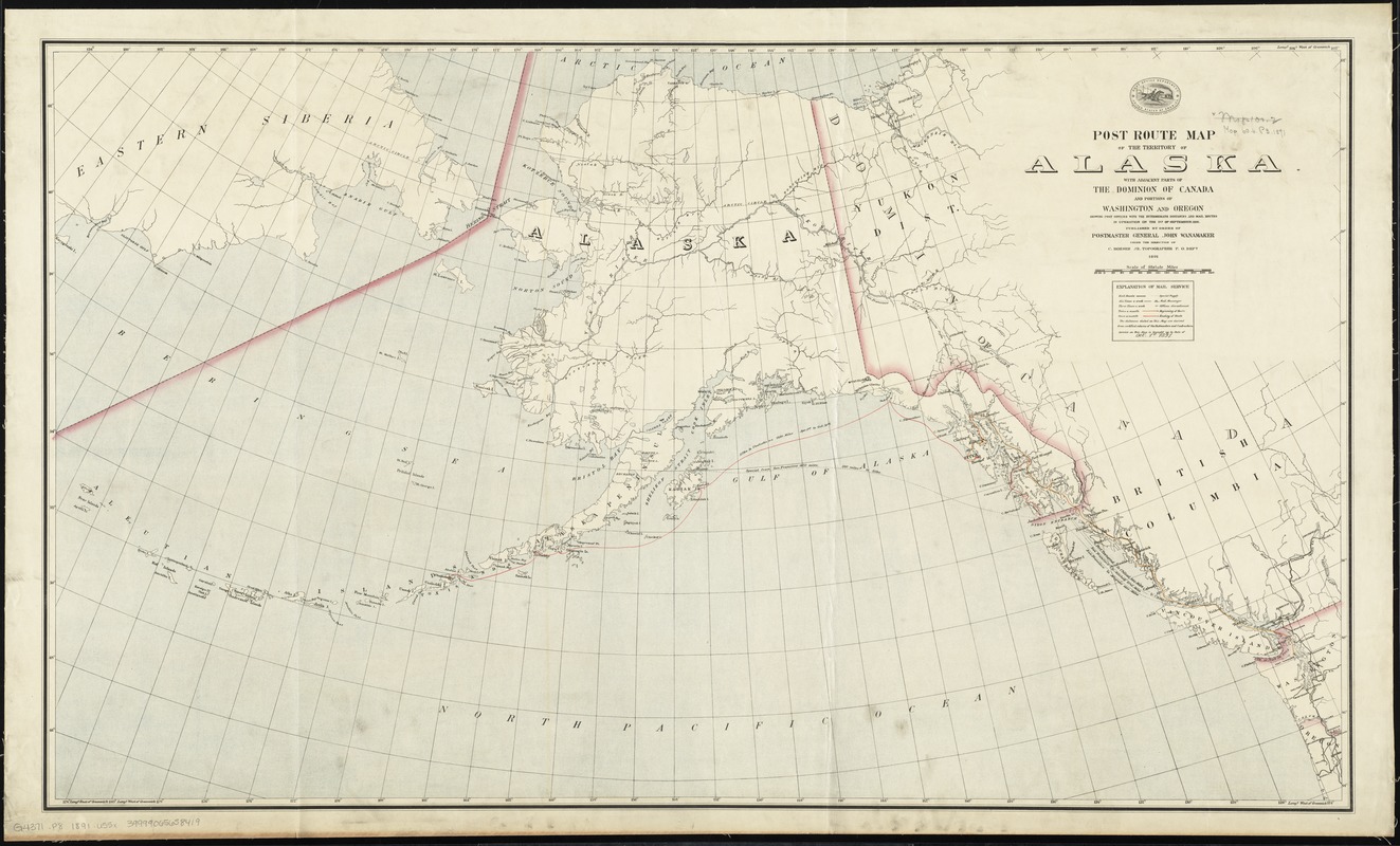 Post route map of the territory of Alaska with adjacent parts of the Dominion of Canada and portions of Washington and Oregon showing post offices with the intermediate distances and mail routes in operation on the 1st of September 1891
