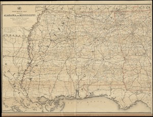 Post route map of the states of Alabama and Mississippi with adjacent parts of Florida, Georgia, Tennessee, Arkansas and Louisiana