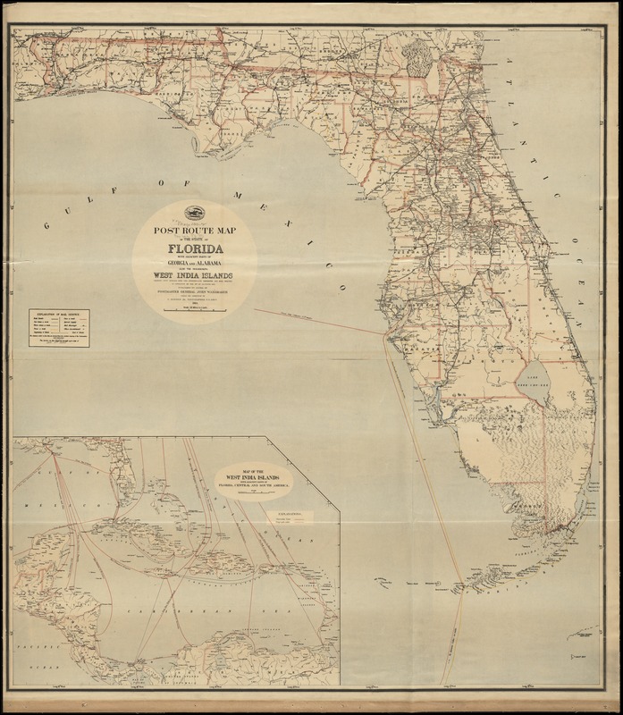 Post route map of the State of Florida with adjacent parts of Georgia and Alabama also the neighboring West India Islands showing post offices with the intermediate distances and mail routes in operation on the 1st of October 1891