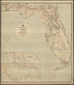Post route map of the State of Florida with adjacent parts of Georgia and Alabama also the neighboring West India Islands showing post offices with the intermediate distances and mail routes in operation on the 1st of October 1891