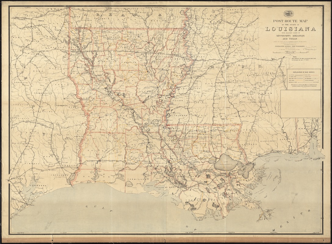 Map of Louisiana, Mississippi and Arkansas.