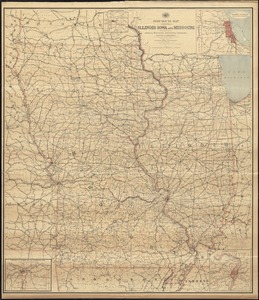 Post route map of the states of Illinois, Iowa, and Missouri with adjacent parts of Indiana, Wisconsin, Minnesota, Nebraska, Kansas and Arkansas showing post offices with the intermediate distances and mail routes in operation on the 1st of October 1891
