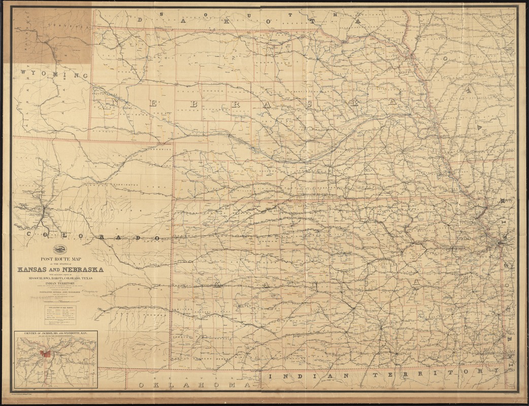 Post route map of the states of Kansas and Nebraska with adjacent parts of Missouri, Iowa, Dakota, Colorado, Texas, and Indian Territory showing post offices with the intermediate distances and mail routes in operation on the 1st. of October 1891