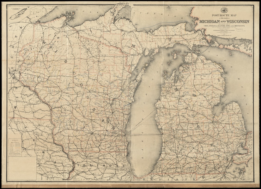 Post route map of the states of Michigan and Wisconsin with adjacent parts of Ohio, Indiana, Illinois, Iowa and Minnesota showing post offices with the intermediate distances and mail routes in operation on the 1st. of October 1891