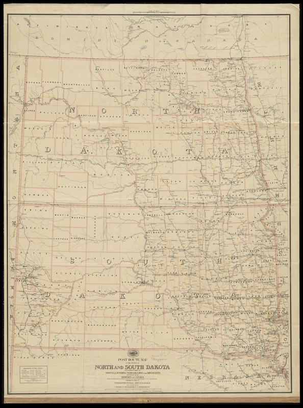 Post route map of the states of North and South Dakota with adjacent parts of Montana, Wyoming, Nebraska, Iowa and Minnesota and portions of the Dominion of Canada