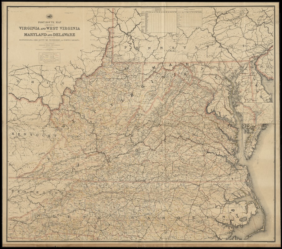 Post route map of the states of Virginia and West Virginia together with Maryland and Delaware with adjacent parts of Pennsylvania, Ohio, Kentucky, Tennessee and North Carolina
