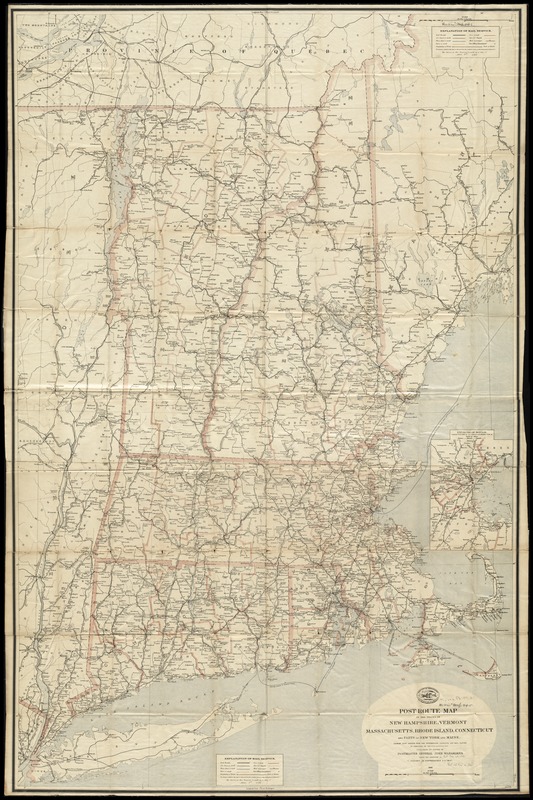 Post route map of the states of New Hampshire, Vermont, Massachusetts, Rhode Island, Connecticut and parts of New York and Maine