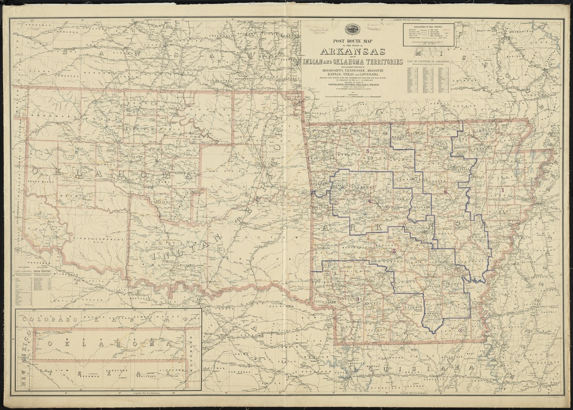 Post route map of the State of Arkansas and of Indian and Oklahoma territories with adjacent portions of Mississippi, Tennessee, Missouri, Kansas, Texas and Louisiana showing post offices with the intermediate distances and mail routes in operation on 1st of December 1895